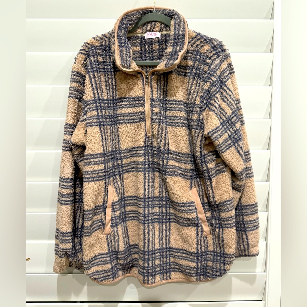 Cozy pink lily plaid fuzzy sweater
